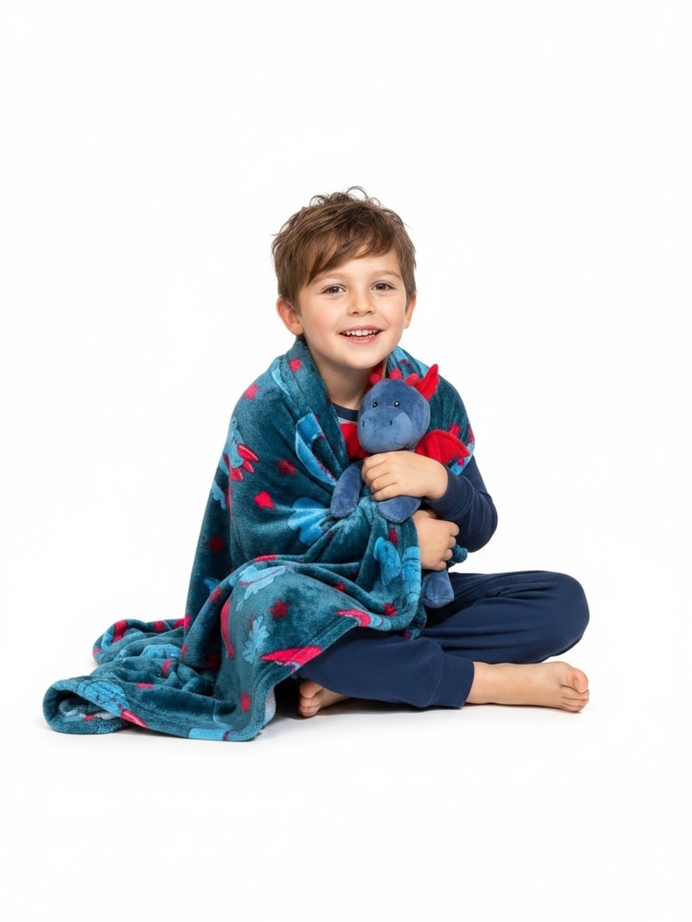 Kids Blue Dragon Plush & Matching Blanket Set - Blue and Red
